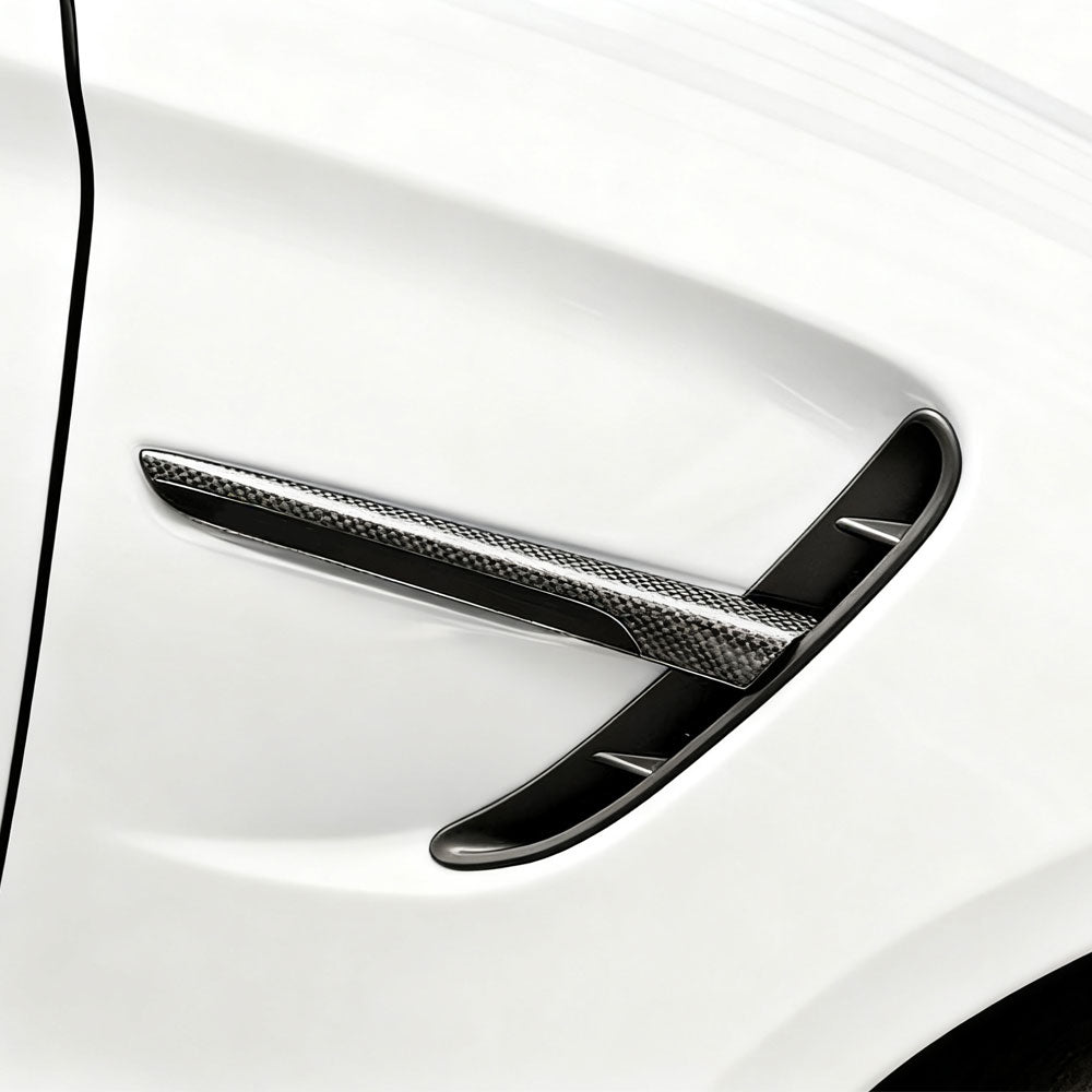 BMW M3 F80 OEM Style Carbon Fibre Front Wing Vent Trims — front three-quarter view