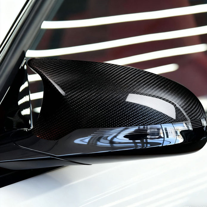 BMW M2 F87 Competition Carbon Fibre Replacement Mirror Caps — front three-quarter view